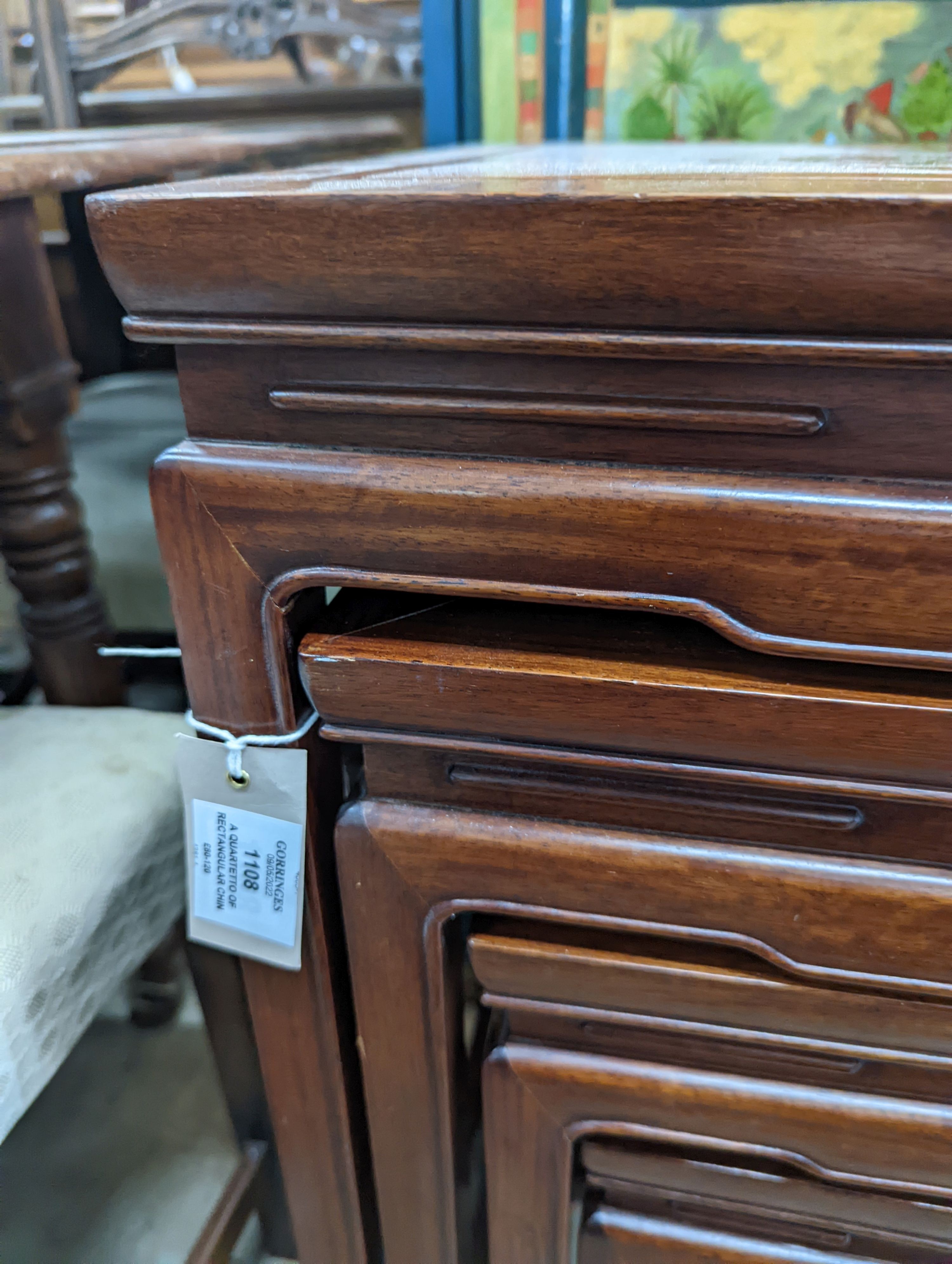 A quartetto of rectangular Chinese hardwood tea tables, width 49cm, depth 34cm, height 70cm